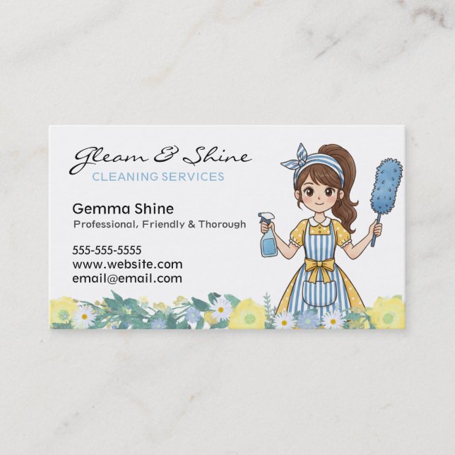 Cleaning Business Cards - Floral Cartoon Cleaner (Front)