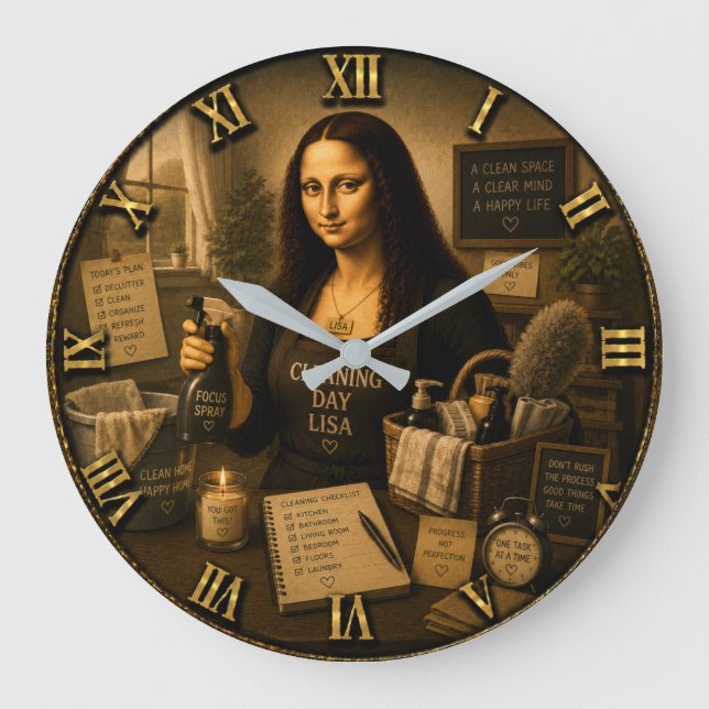 Cleaning Day Funny Mona Lisa Laundry Room Large Clock (Front)