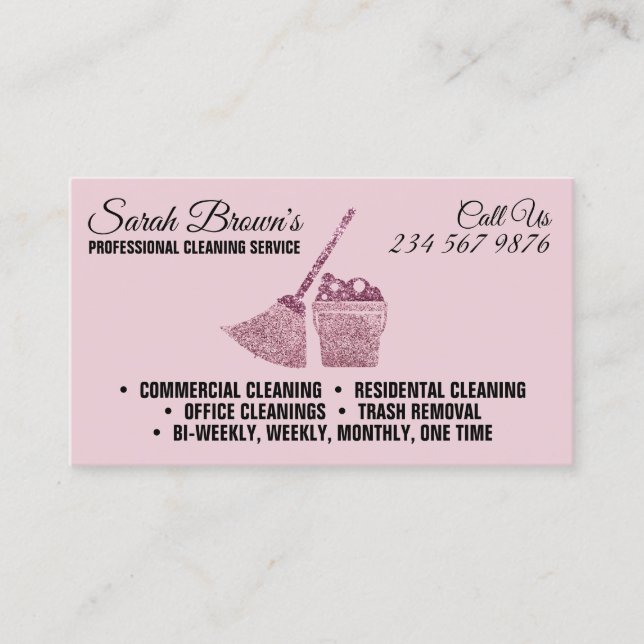 Cleaning Elegant Maid Janitorial pink sparkling Business Card (Front)