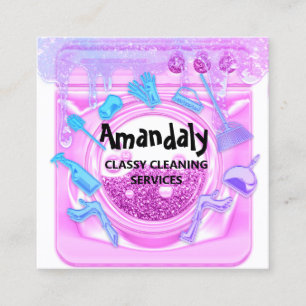 Cleaning House Office Services Logo QR Code Pink Square Business Card