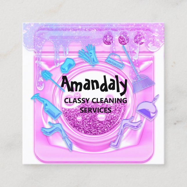 Cleaning House Office Services Logo QR Code Pink Square Business Card (Front)