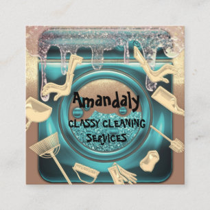 Cleaning House Service QR Code Drips Gold Laundry Square Business Card