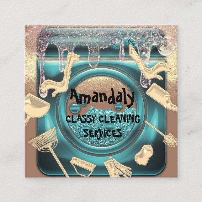 Cleaning House Service QR Code Drips Gold Laundry Square Business Card (Front)