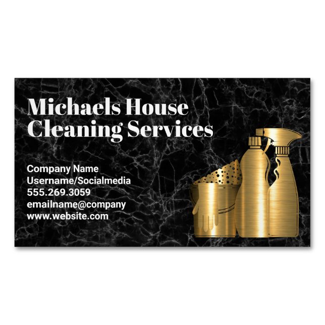 Cleaning House Tools | Golden | Black Marble Magnetic Business Card (Front)