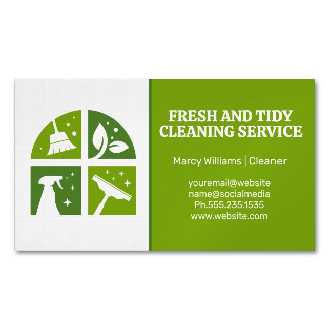 Cleaning Icons Green | Bathroom Tiles Magnetic Business Card (Front)