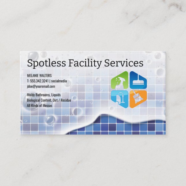 Cleaning Icons | Tiles and Soap Suds Business Card (Front)