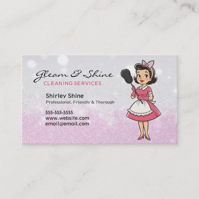 Cleaning Lady Cleaner Service Pink Sparkles Retro Business Card (Front)