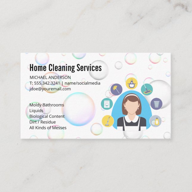 Cleaning Lady | Cleaning Service | Soap Bubbles Business Card (Front)