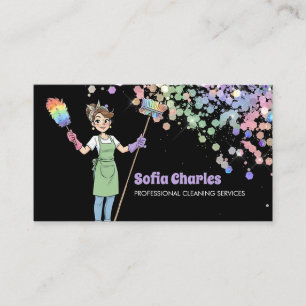 Cleaning Lady Maid Holographic Glitter Black Business Card