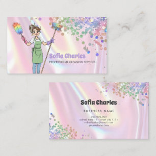 Cleaning Lady Maid Holographic Glitter Pink Business Card