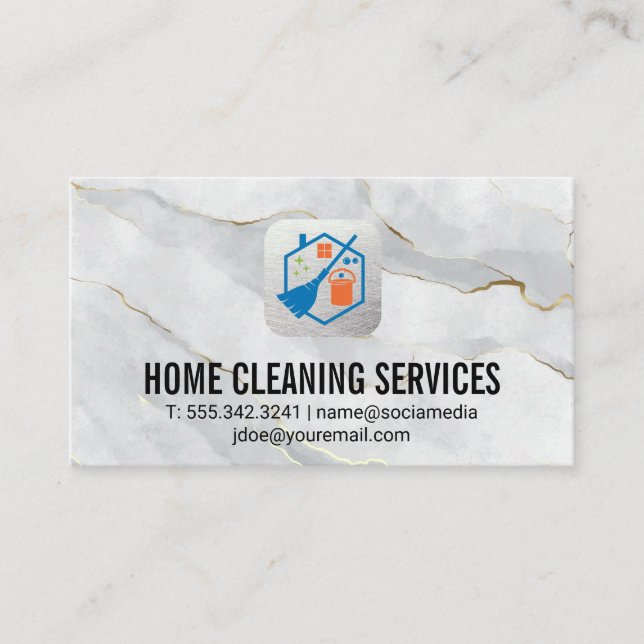 Cleaning Logo | White Gold Marble Business Card (Front)