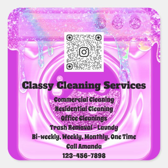 Cleaning Maid Housekeeper QRCode Logo Drips Pink  Square Sticker (Front)