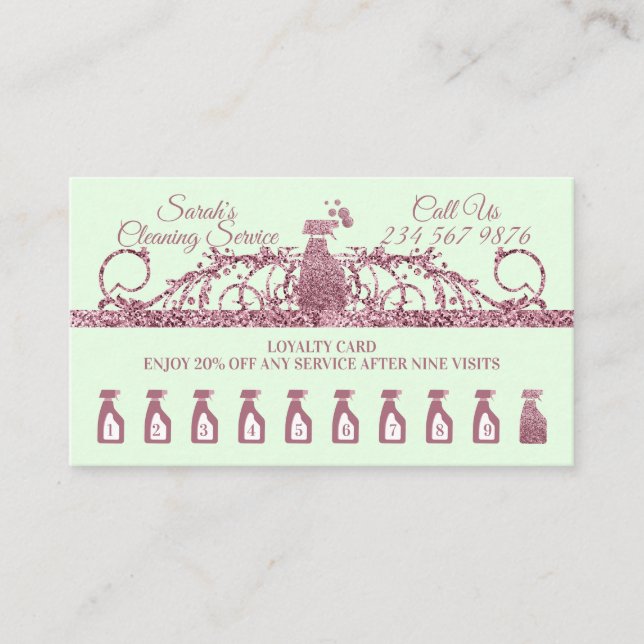 Cleaning Maid Janitorial sparkle Housekeep green Loyalty Card (Front)
