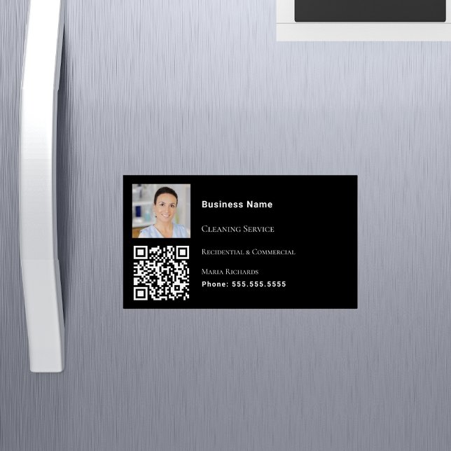 Cleaning service black photo QR code Magnetic Business Card (Creator Uploaded)
