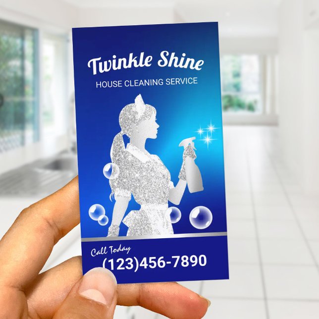 Cleaning Service Blue & Silver Maid Housekeeping Business Card (Creator Uploaded)
