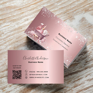 Cleaning service dusty pink silver sparkle QR code Business Card