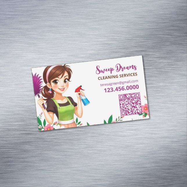 Cleaning Service Floral QR Magnetic Business Card (In Situ)