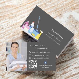 Cleaning service grey photo QR code Business Card