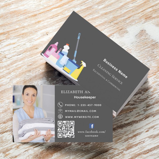 Cleaning service grey photo QR code Business Card (Creator Uploaded)