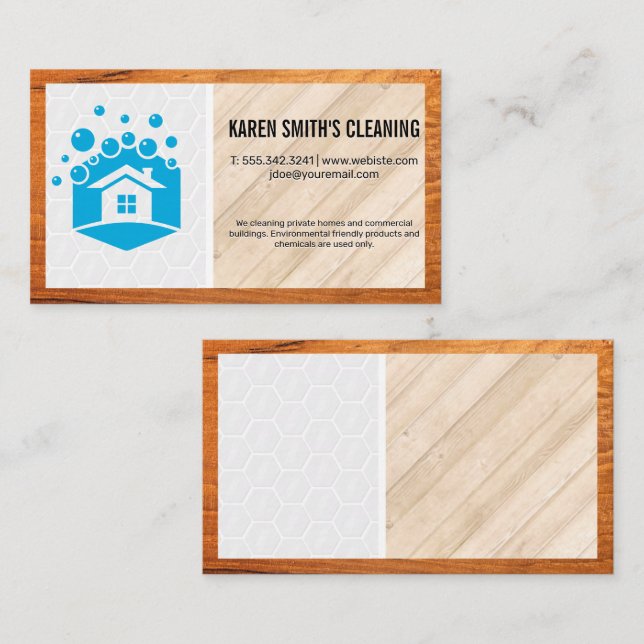 Cleaning Service | House Bubbles Logo | Wood Business Card (Front/Back)