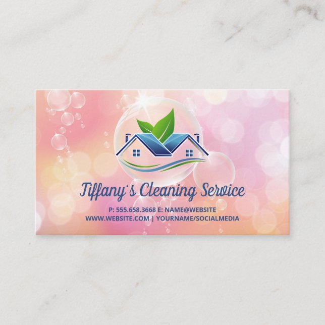 Cleaning Service | House Logo | Soap Bubbles Business Card (Front)