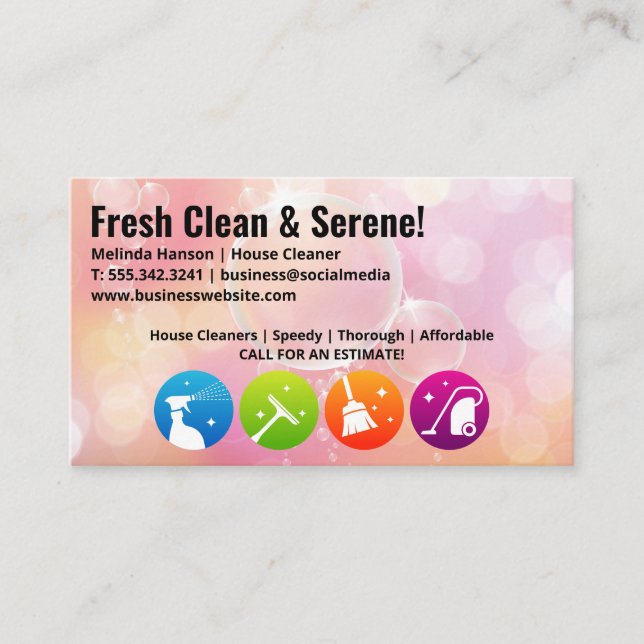 Cleaning Service Icons | Soap Bubbles Background Business Card (Front)