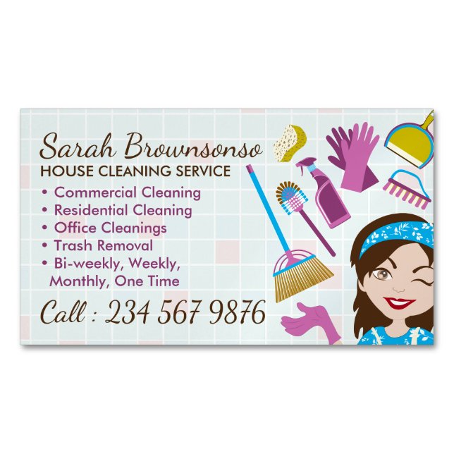 Cleaning Service Janitorial Lady Tile Washing Magnetic Business Card (Front)