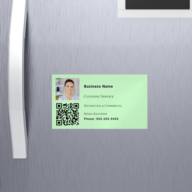Cleaning service light green photo QR code Magnetic Business Card (Creator Uploaded)