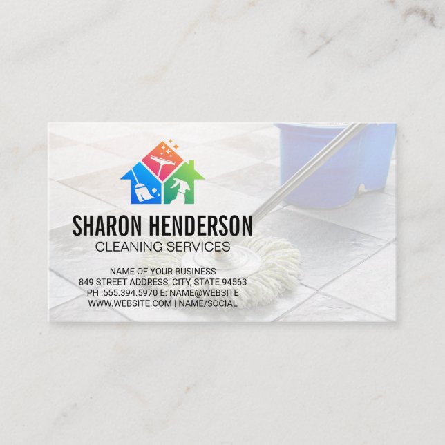 Cleaning Service Logo | Mopping Floor Business Card (Front)
