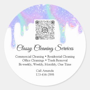 Cleaning Service Maid Housekeeper QRCode Drip Blue Classic Round Sticker
