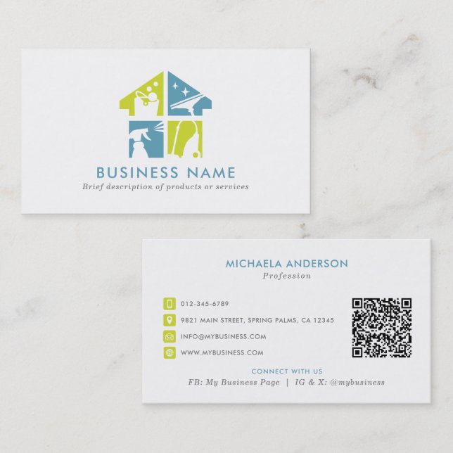 Cleaning Service Modern Logo & QR Code Business Card (Front/Back)