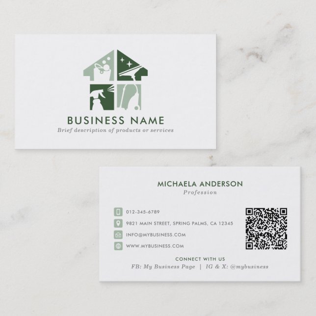 Cleaning Service Modern Logo & QR Code Business Card (Front/Back)