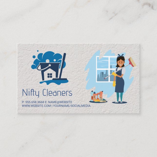 Cleaning Service | Mop Broom House Logo Business Card (Front)