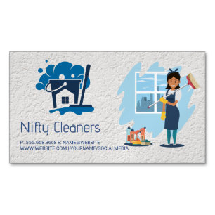 Cleaning Service   Mop Broom House Logo Magnetic Business Card