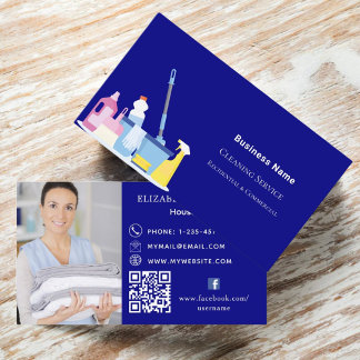 Cleaning service navy blue photo QR code Business Card