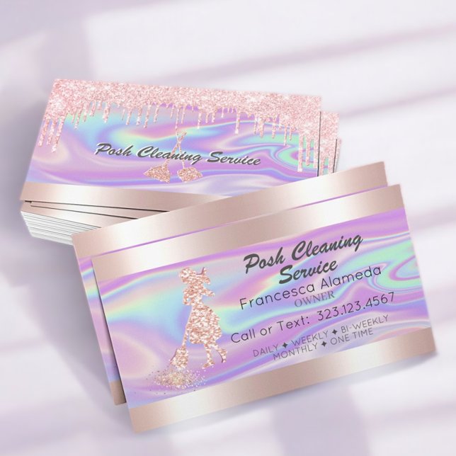 Cleaning Service Pink Glitter Drips & Iridescent Business Card (Creator Uploaded)