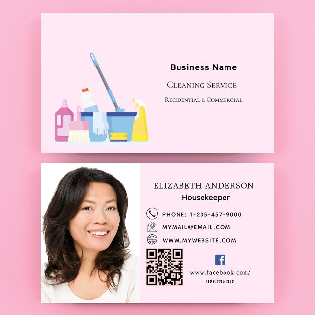 Cleaning service pink QR code photo Business Card (Creator Uploaded)