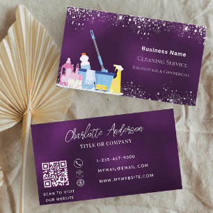Cleaning service purple silver glitter dust QR Business Card