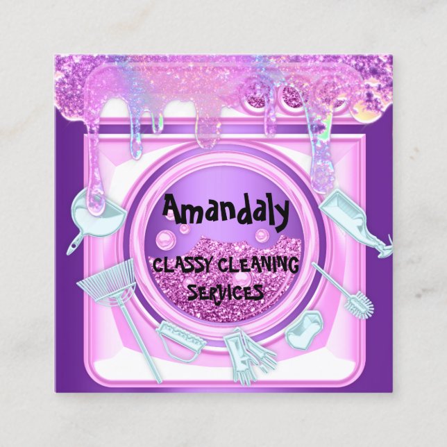 Cleaning Service QRCode Laundy Drips Soap Violet Square Business Card (Front)