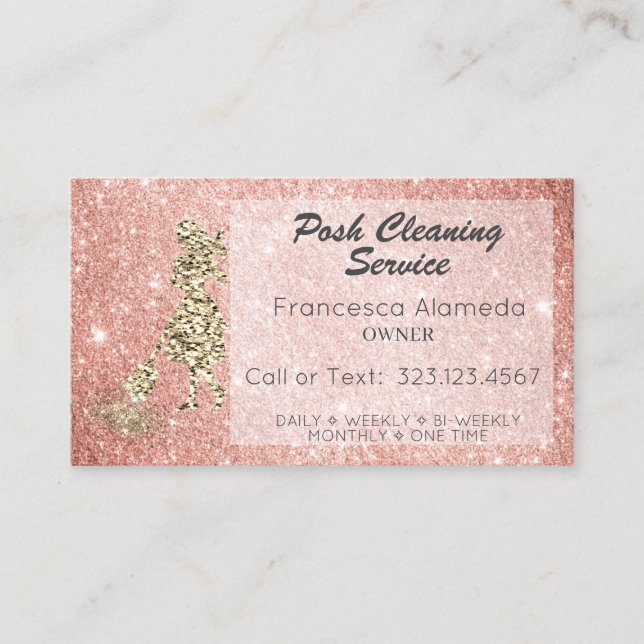 Cleaning Service Rose Gold Glitter + 14K  Template Business Card (Front)