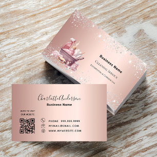 Cleaning service rose gold sparkles dust QR code Business Card