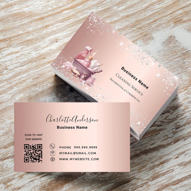 Cleaning service rose gold sparkles dust QR code Business Card (Creator Uploaded)