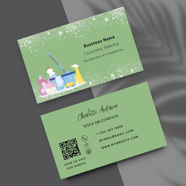Cleaning service sage green silver dust QR code Business Card (Creator Uploaded)