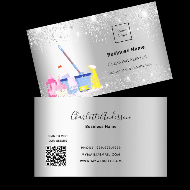 Cleaning service silver glitter dust logo QR code Business Card (Creator Uploaded)
