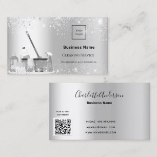 Cleaning service silver glitter dust logo QR code Business Card