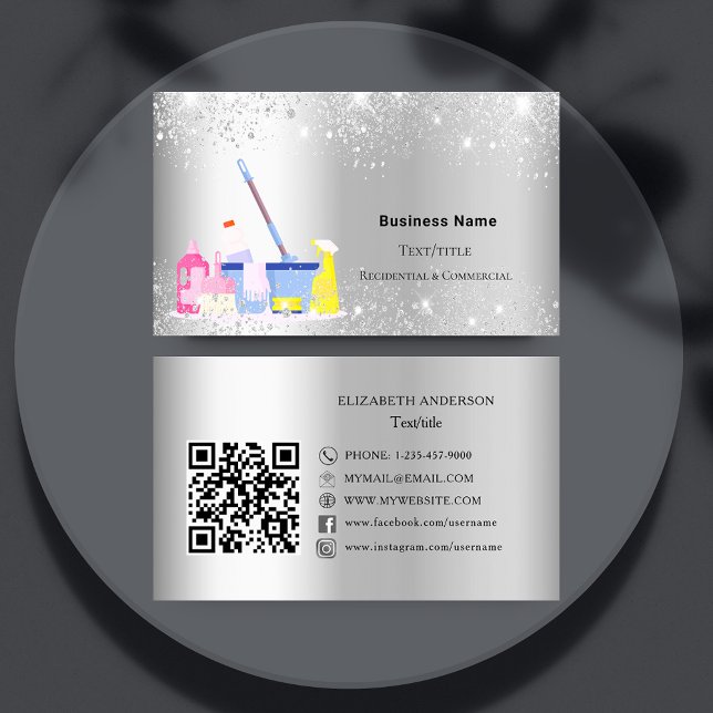 Cleaning service silver glitter dust QR code Business Card (Creator Uploaded)