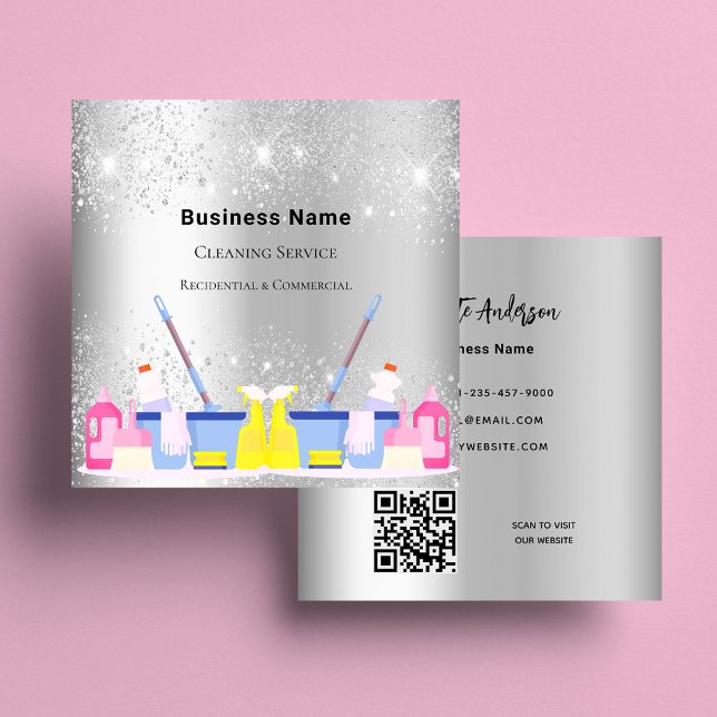 Cleaning service silver glitter dust QR code Square Business Card (Creator Uploaded)