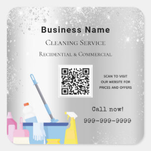 Cleaning service silver glitter dust QR code Square Sticker