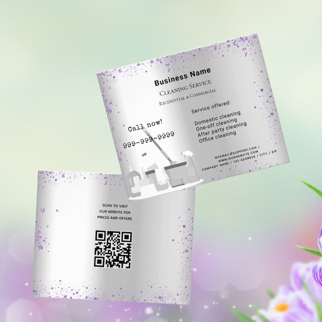 Cleaning service silver violet glitter dust QR Flyer (Creator Uploaded)