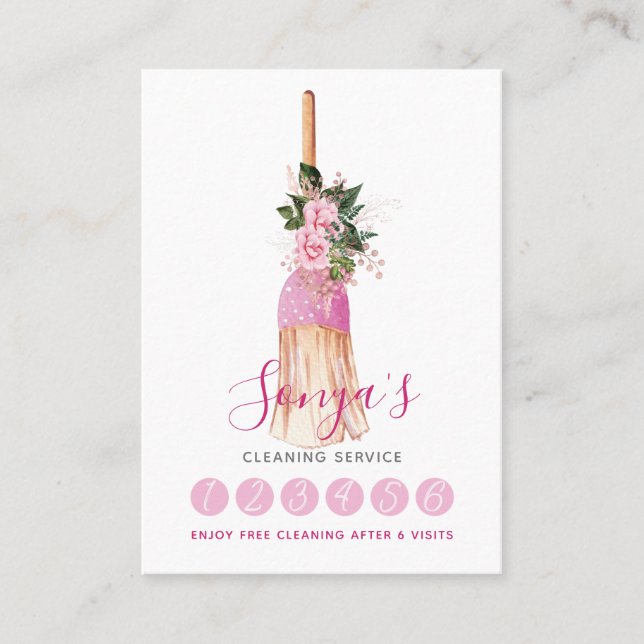 Cleaning Service Watercolor Pink Broom Loyalty Card (Front)